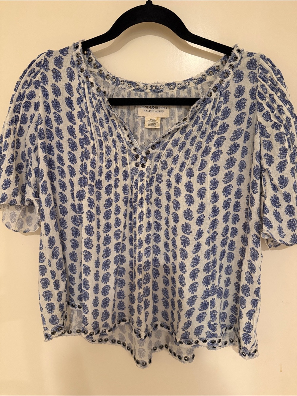 Denim & Supply Ralph Lauren White and Blue Paisley Peasant Blouse